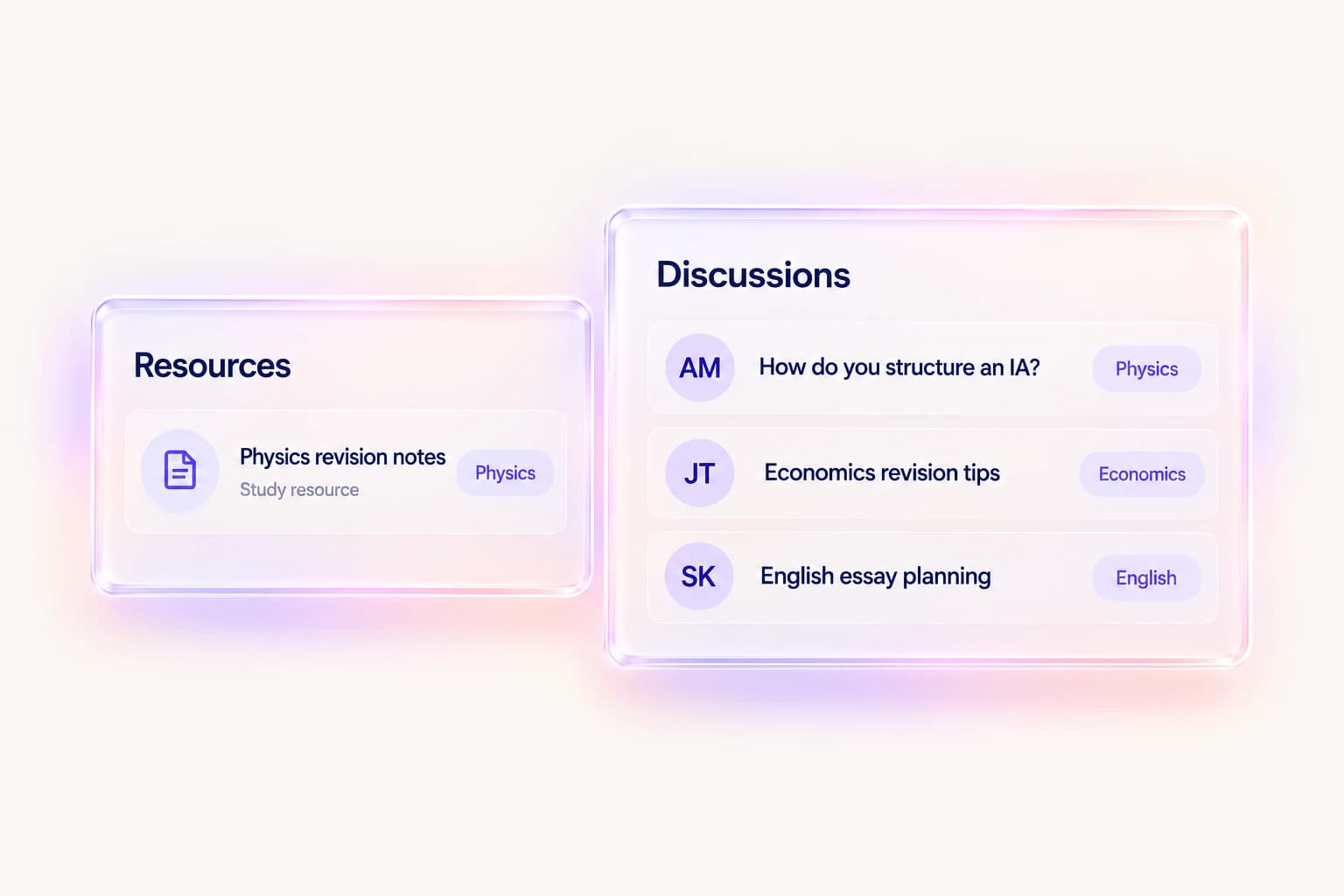 Illustrative Community discussion cards about IAs, revision and essays beside a Physics revision resource.