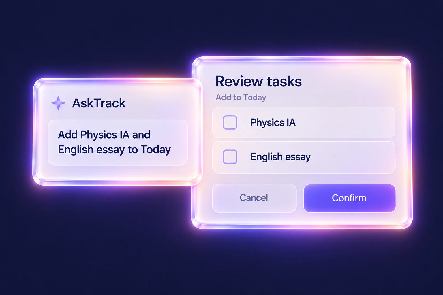 Illustrative Ask Track request with two proposed tasks and a review step before confirmation.