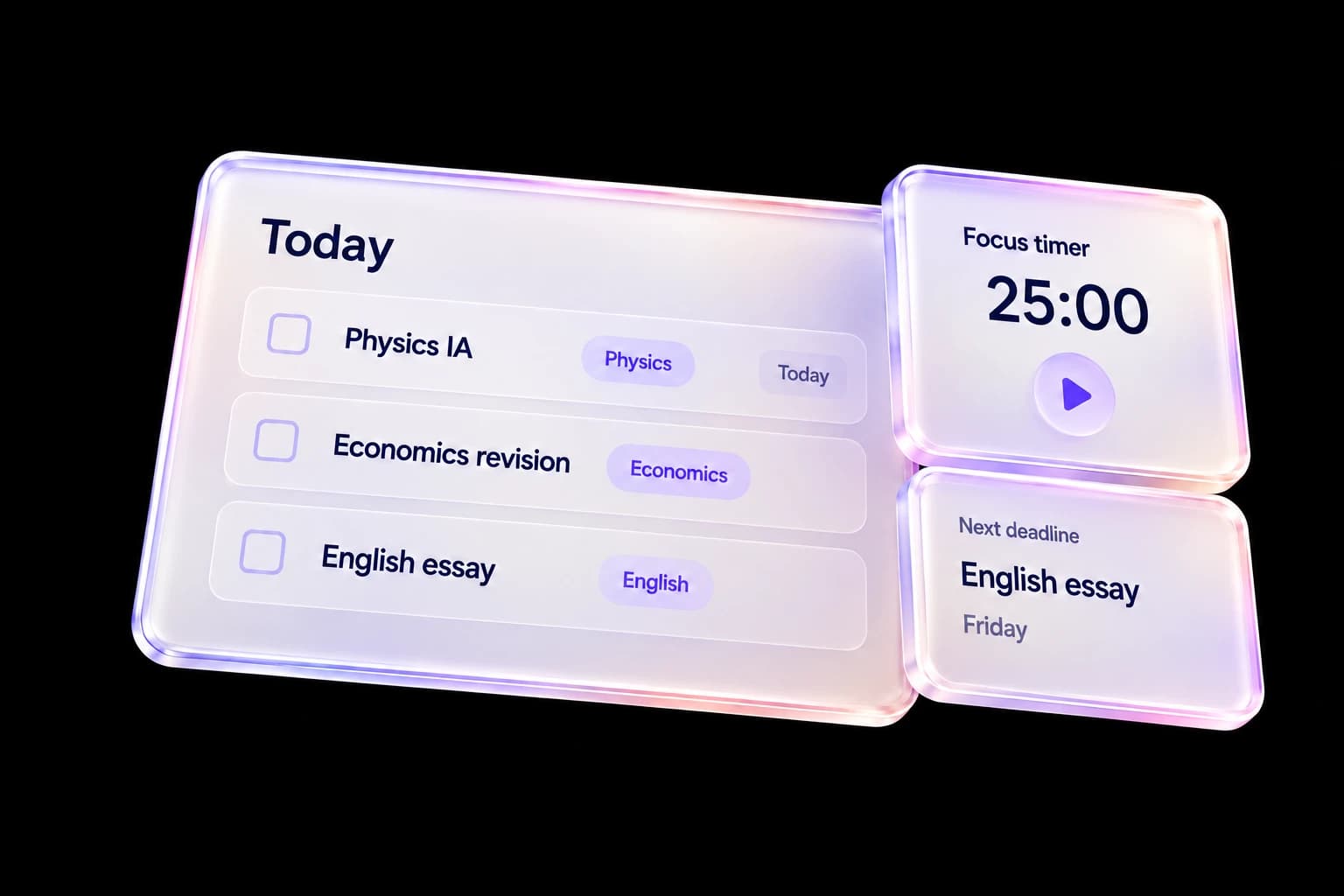 Illustrative Today tasks with Physics IA, revision and essay work, a focus timer and a deadline.